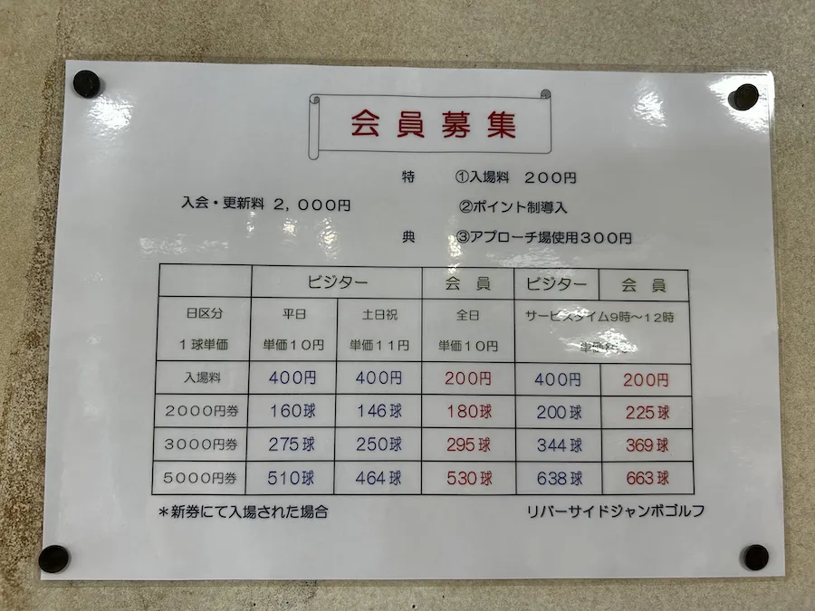 リバーサイドジャンボゴルフの料金表